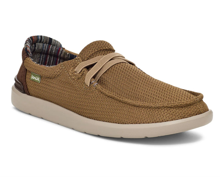 Brown casual shoe with plaid lining on a white background
