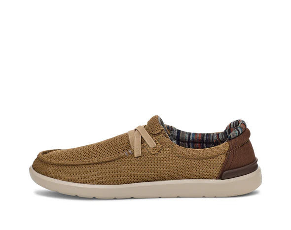 Brown casual shoe with plaid lining on a white background