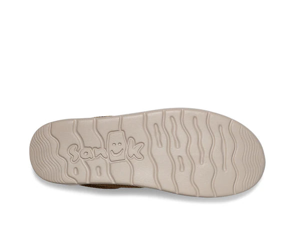 Sole of a shoe with a visible brand logo on a white background