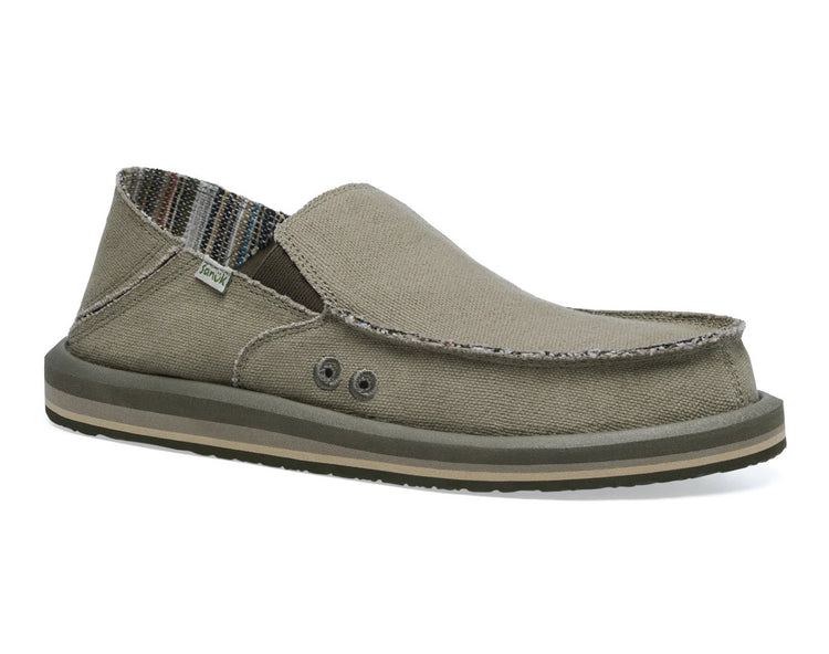 A gray Sanuk Vagabond ST Hemp slip-on shoe with a low heel and casual design.