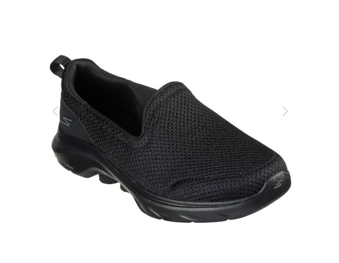 A pair of Skechers GO Walk 7 - Razi black slip-on athletic shoes with a mesh upper and a flat, wide sole.