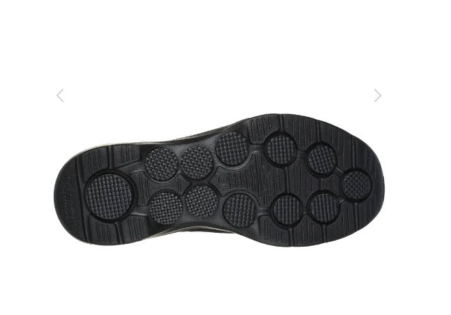 A pair of Skechers GO Walk 7 - Razi black slip-on athletic shoes with a mesh upper and a flat, wide sole.