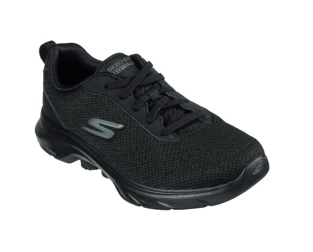 A black Skechers GO Walk 7 walking shoe with a mesh upper and a logo detail on the side.