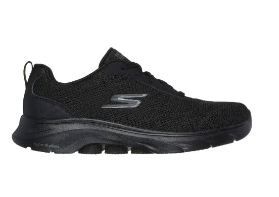 A black Skechers GO Walk 7 walking shoe with a mesh upper and a logo detail on the side.