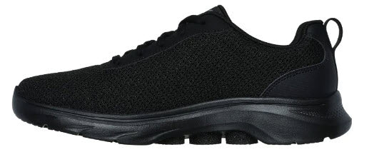 A black Skechers GO Walk 7 walking shoe with a mesh upper and a logo detail on the side.