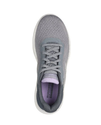 A pair of Skechers GO walk 7 Cosmic Waves walking shoes for women, featuring a gray engineered mesh upper with stretch laces, a Skechers logo detail, and purple accents.