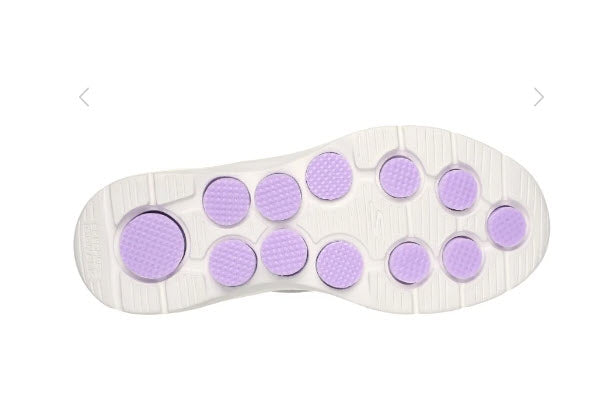 A pair of Skechers GO walk 7 Cosmic Waves walking shoes for women, featuring a gray engineered mesh upper with stretch laces, a Skechers logo detail, and purple accents.