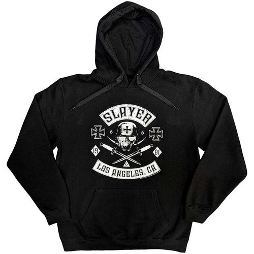 A black pullover hoodie with a white graphic print on the chest featuring a dog, crossed rifles, and the text 'SLAYER LOS ANGELES, CA'.