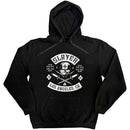 A black pullover hoodie with a white graphic print on the chest featuring a dog, crossed rifles, and the text 'SLAYER LOS ANGELES, CA'.