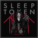 Sleep Token logo with a hooded figure holding a pendant on a black background