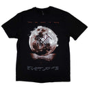 Black t-shirt with moon graphic and text on a white background