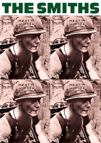 Person wearing a helmet with 'MEAT IS Murder' text, surrounded by black and white images of the same person.