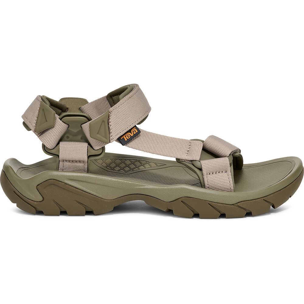 Taupe and olive sandal with beige straps on a white background
