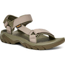 Taupe and Olive sandal with multiple straps on a white background
