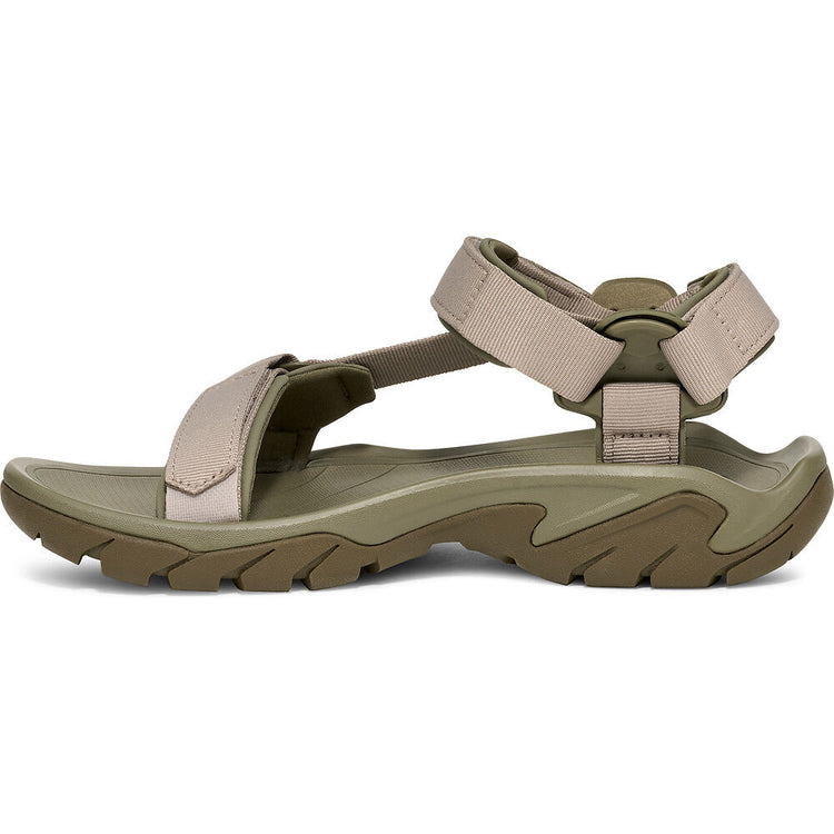Taupe and olive sandal with beige straps on a white background
