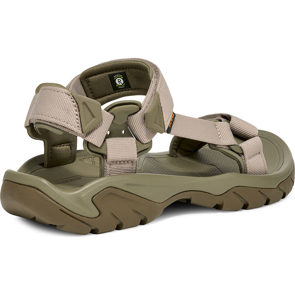 Taupe and olive sandal with beige straps on a white background