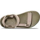 Taupe and olive sandal with beige straps on a white background top view