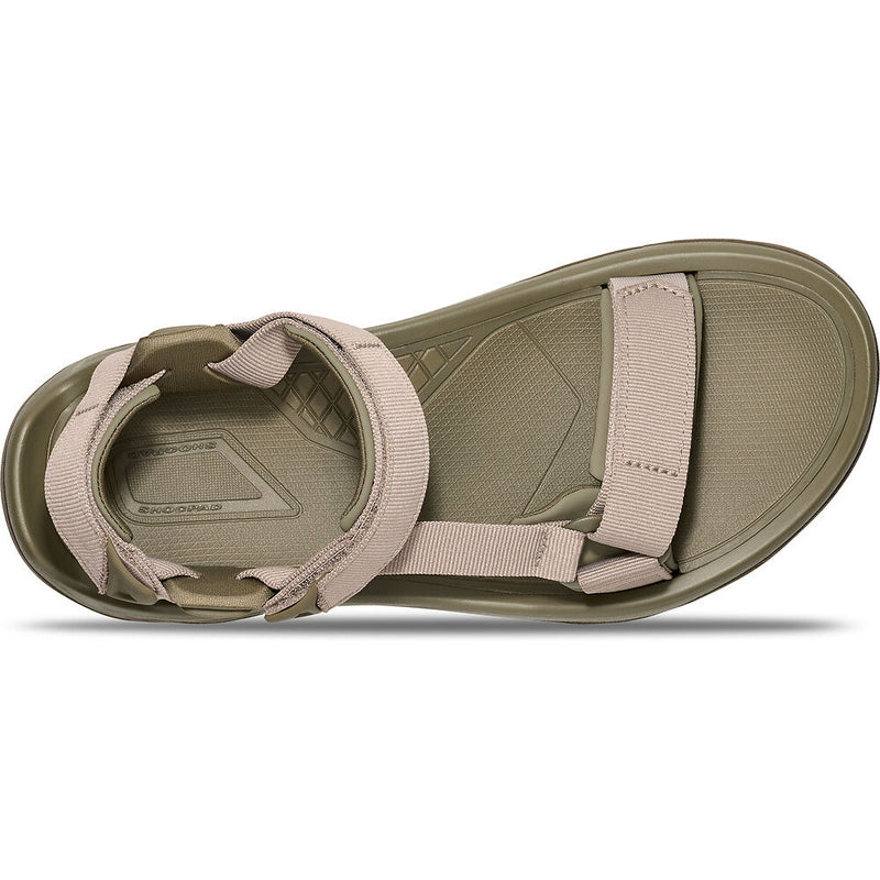 Taupe and olive sandal with beige straps on a white background top view