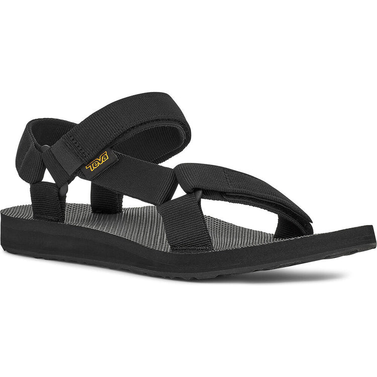 Black sandal with a visible brand logo on a white background