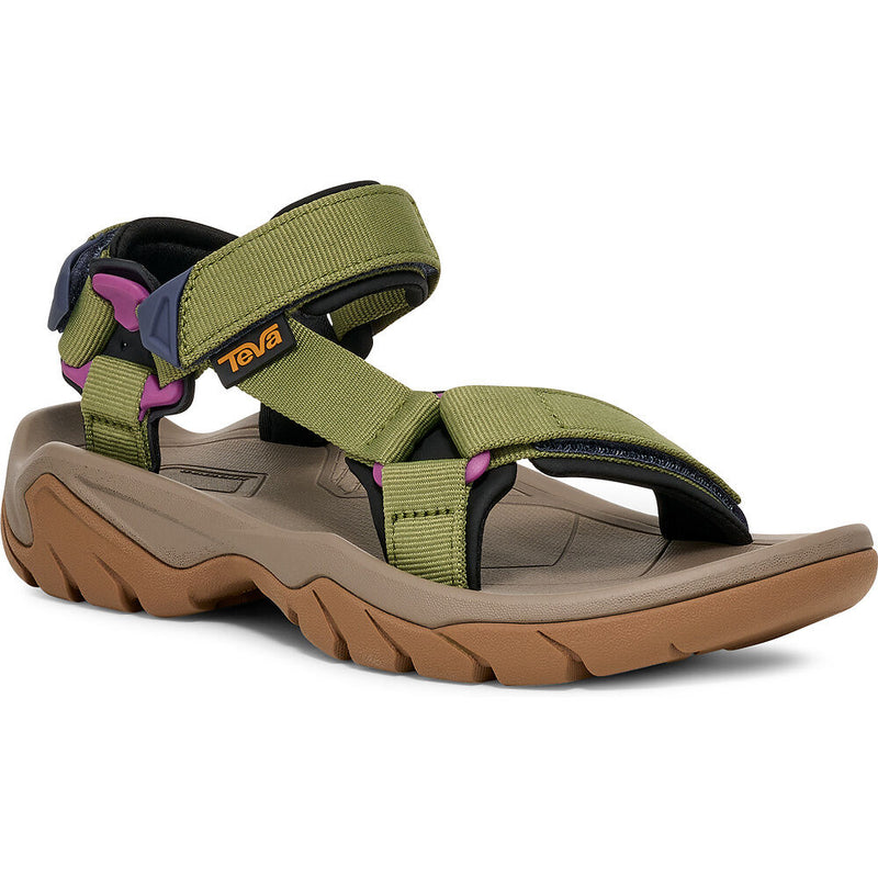 Green and brown sandal with Teva logo on a white background