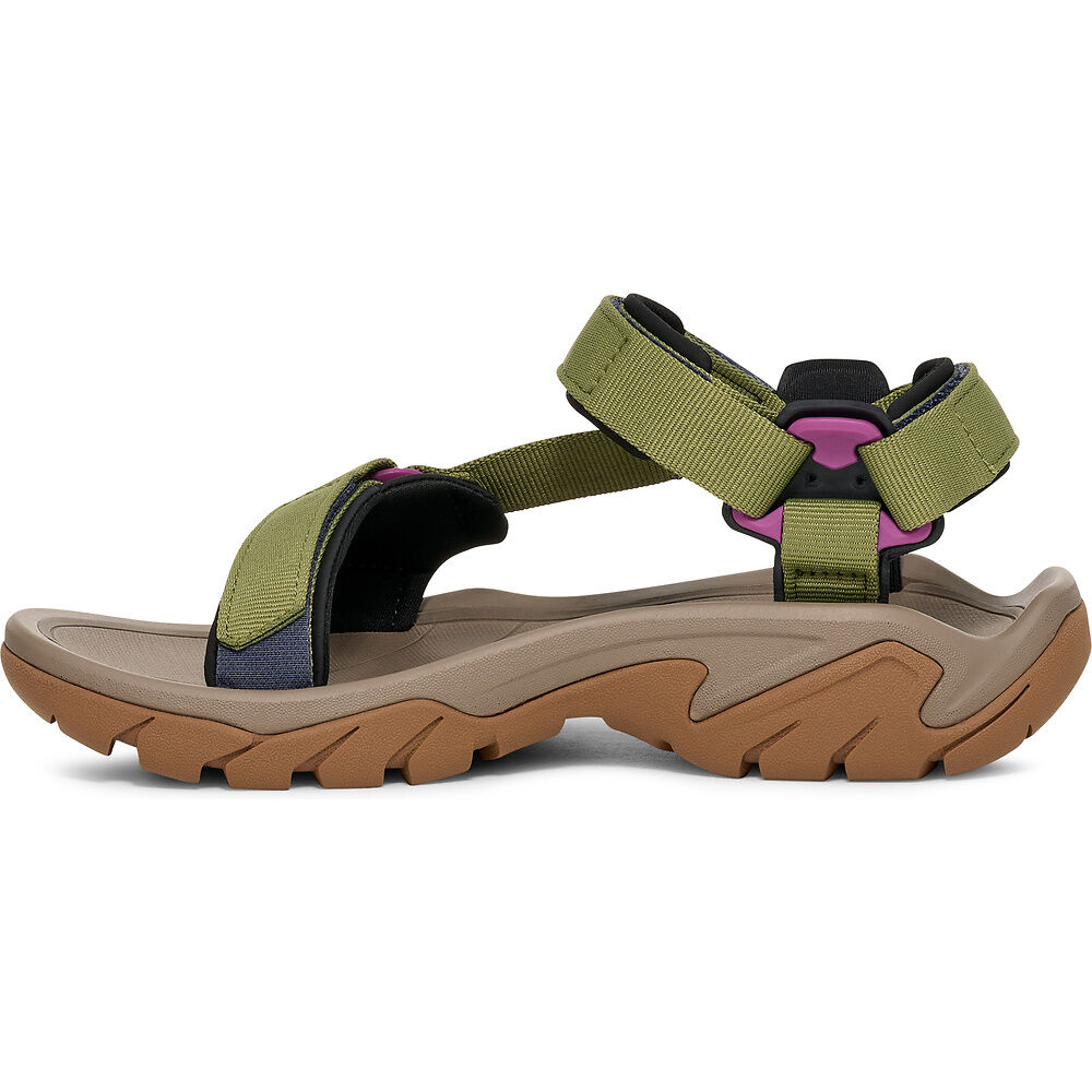Green and brown sandal with multiple straps on a white background