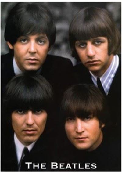 Four members of The Beatles with their distinctive hairstyles and formal attire.