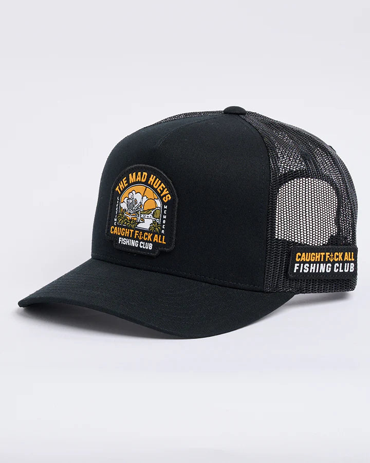 Black mesh cap with a patch on a white background