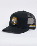 Black mesh cap with a patch on a white background