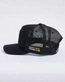 Black mesh cap with text on a white background