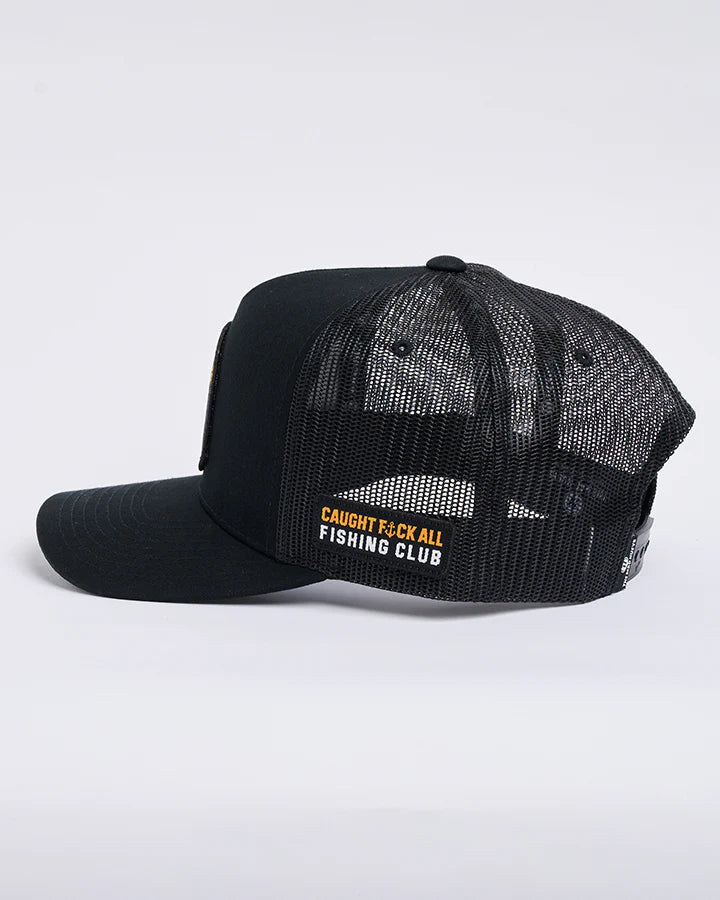 Black mesh cap with text on a white background