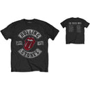 Black t-shirt with Rolling Stones logo and text on a white background
