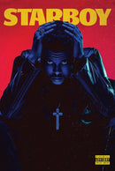 Album cover with a person in dark clothing against a red background, featuring the word 'Starboy'.