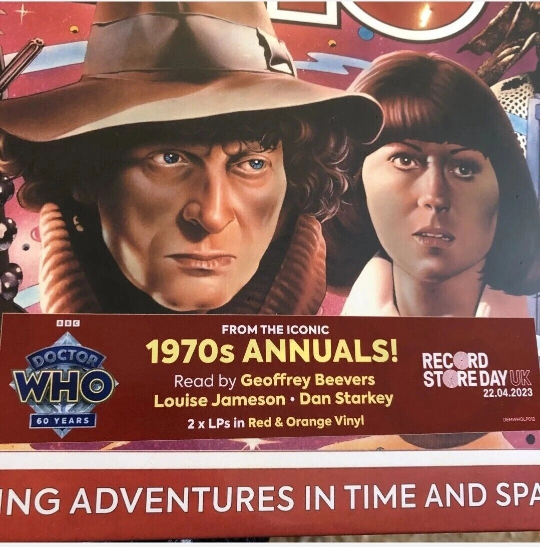 Doctor Who 60th Anniversary vinyl LP cover art featuring a large illustrated portrait of the Doctor in a hat and a woman beside him, with a red banner reading 'From the Iconic 1970s Annuals!' and 'Doctor Who 60 Years.'.