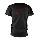 Black t-shirt with red text 'KISS ME KISS ME KISS ME' on a white background