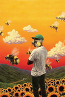 Man wearing a mask with bee design in a surreal landscape with sunflowers and bees.