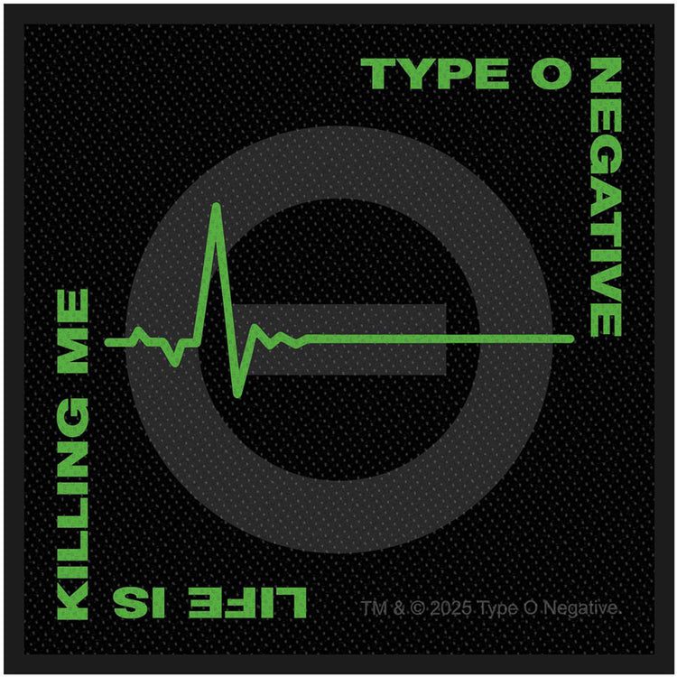 Type O Negative patch with green text and heartbeat design on a black background
