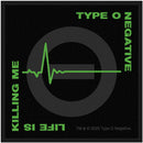 Type O Negative patch with green text and heartbeat design on a black background