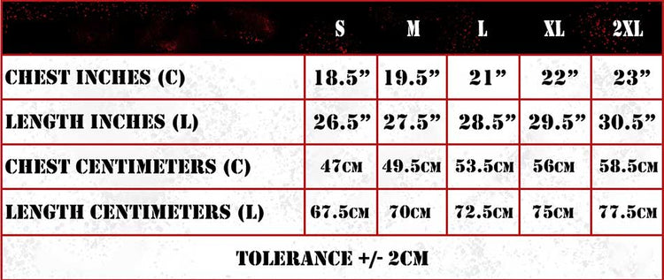 Size chart for clothing with chest and length measurements in inches and centimeters.