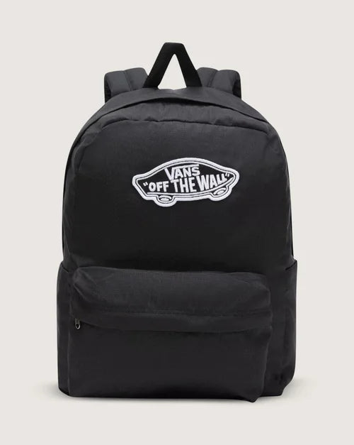 Black backpack with Vans 'Off The Wall' logo on a light gray background