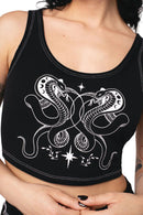 Black tank top with white snake design worn by a person