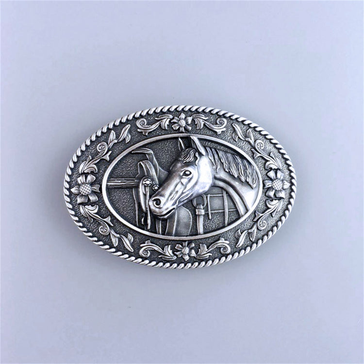 Vintage Silver Plated Horse Head Saddle Western Oval Belt Buckle Hebilla