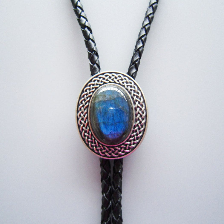 Vintage Silver Plated  Nature Blue Labradorite Stone Western Oval Bolo Tie