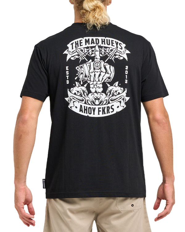 Person wearing a black t-shirt with white graphic design and text on the back.