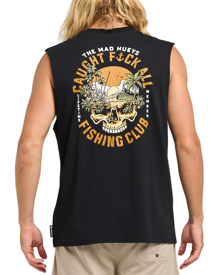 Person wearing a black sleeveless shirt with a fishing-themed design on the back.