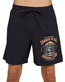 Black shorts with a colorful graphic design on a gray background