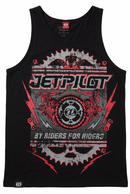 A black tank top featuring a large red and white graphic print with the text 'JETPILOT' and 'BY RIDERS FOR RIDERS' on a plain white background.