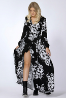 SASS Hattie Wrap Maxi Dress showing the flowing floral skirt and wrap opening
