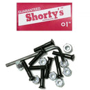 Black skateboard hardware bolts with nuts and a 'Shorty's' branded box on a white background