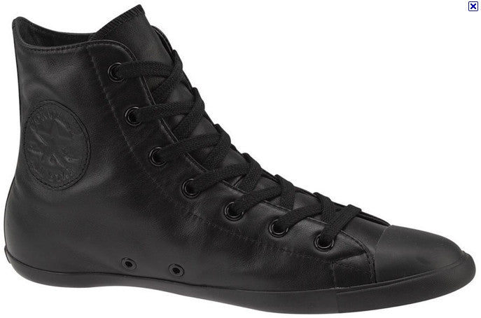 A black leather high-top Converse sneaker with lace-up closure and a round toe style.
