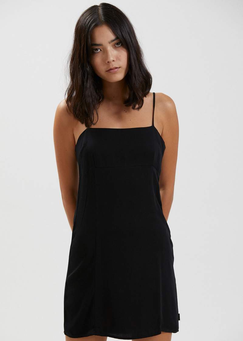 afends black rayon dress Afends Lola Recycled Mini Dress Black – Famous Rock Shop